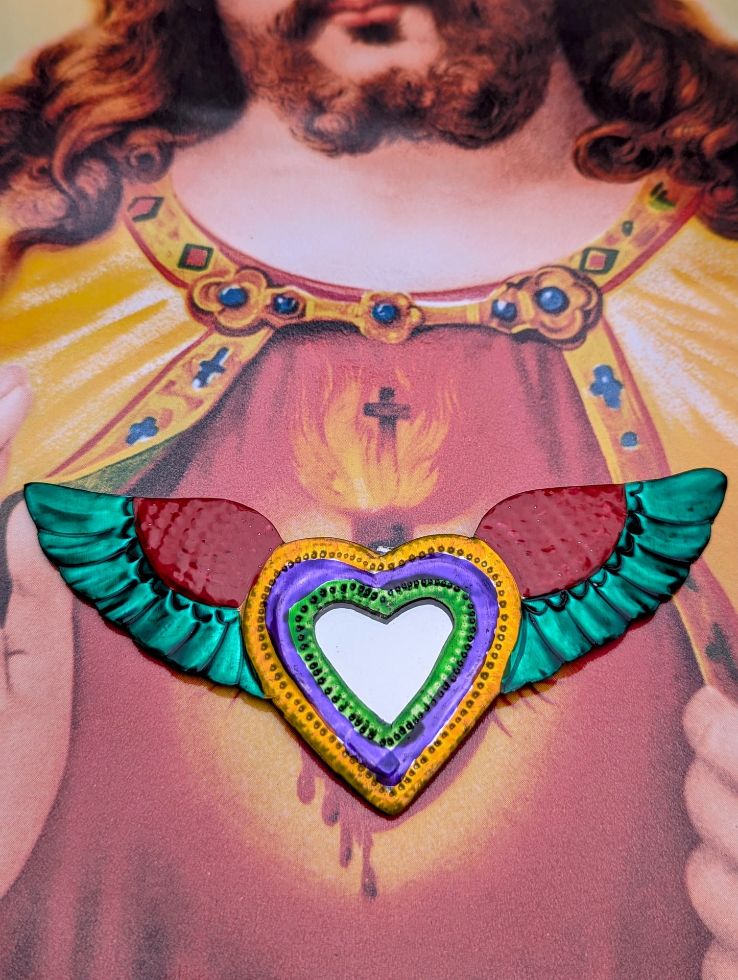 Colourful tin sacred heart mirrors