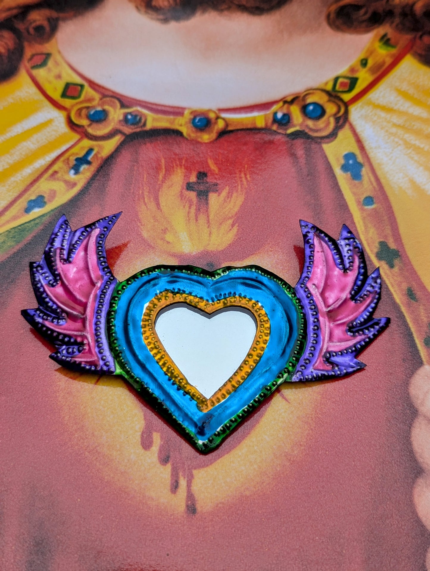 Colourful tin sacred heart mirrors