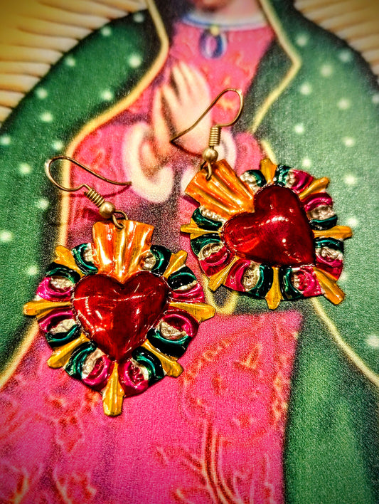 Painted Mexican tin sacred heart earrings