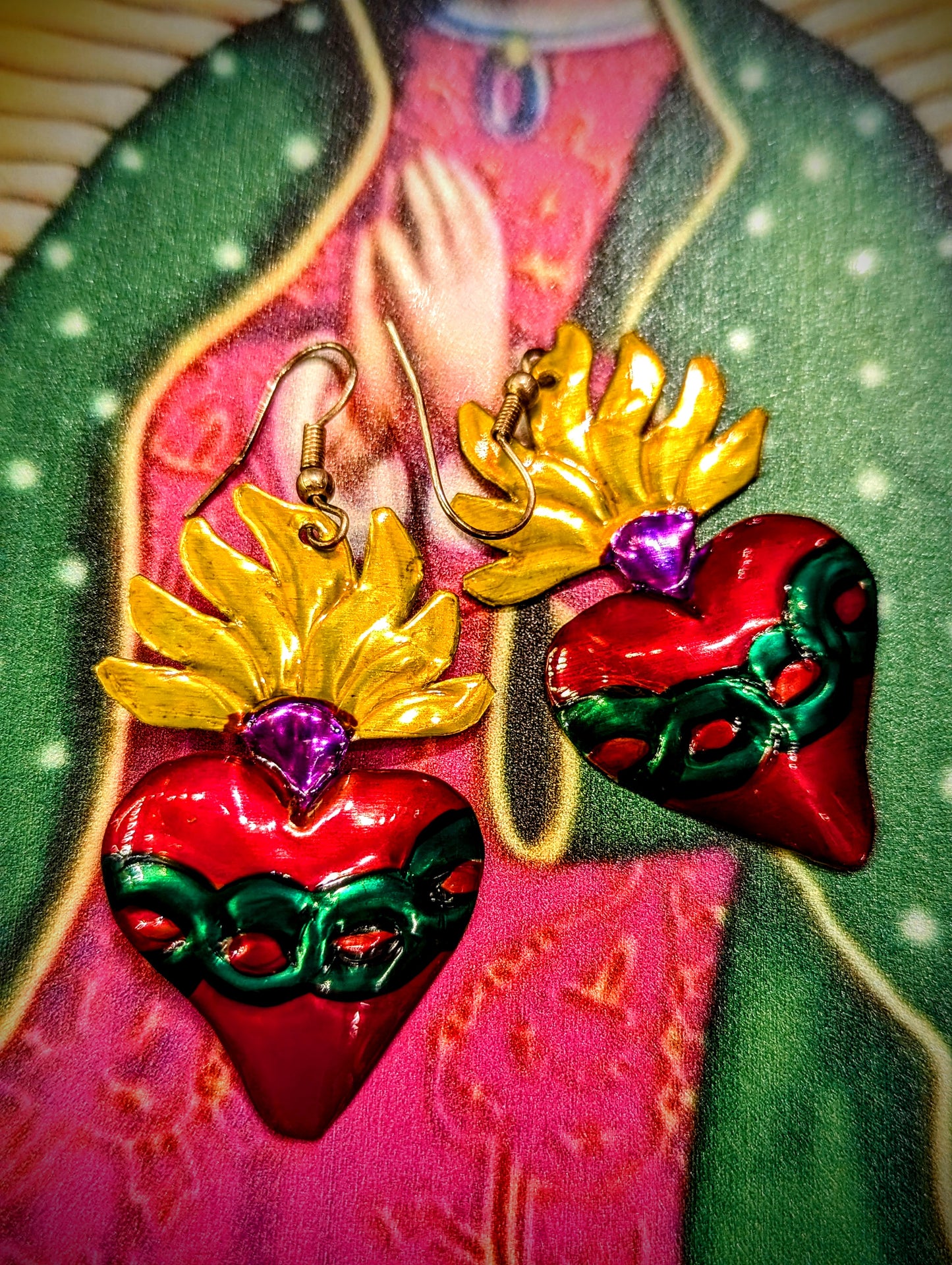 Painted Mexican tin sacred heart earrings