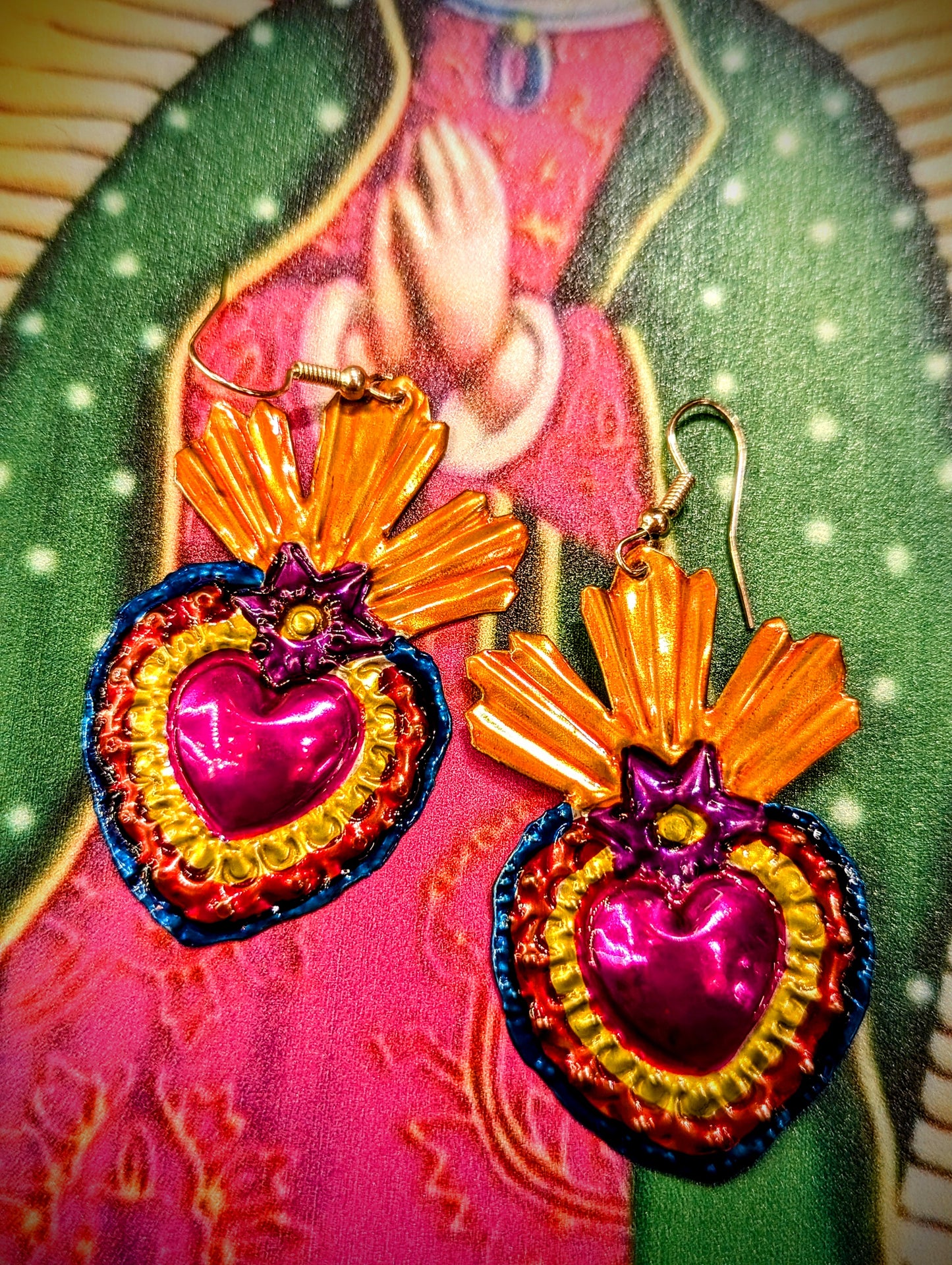 Painted Mexican tin sacred heart earrings