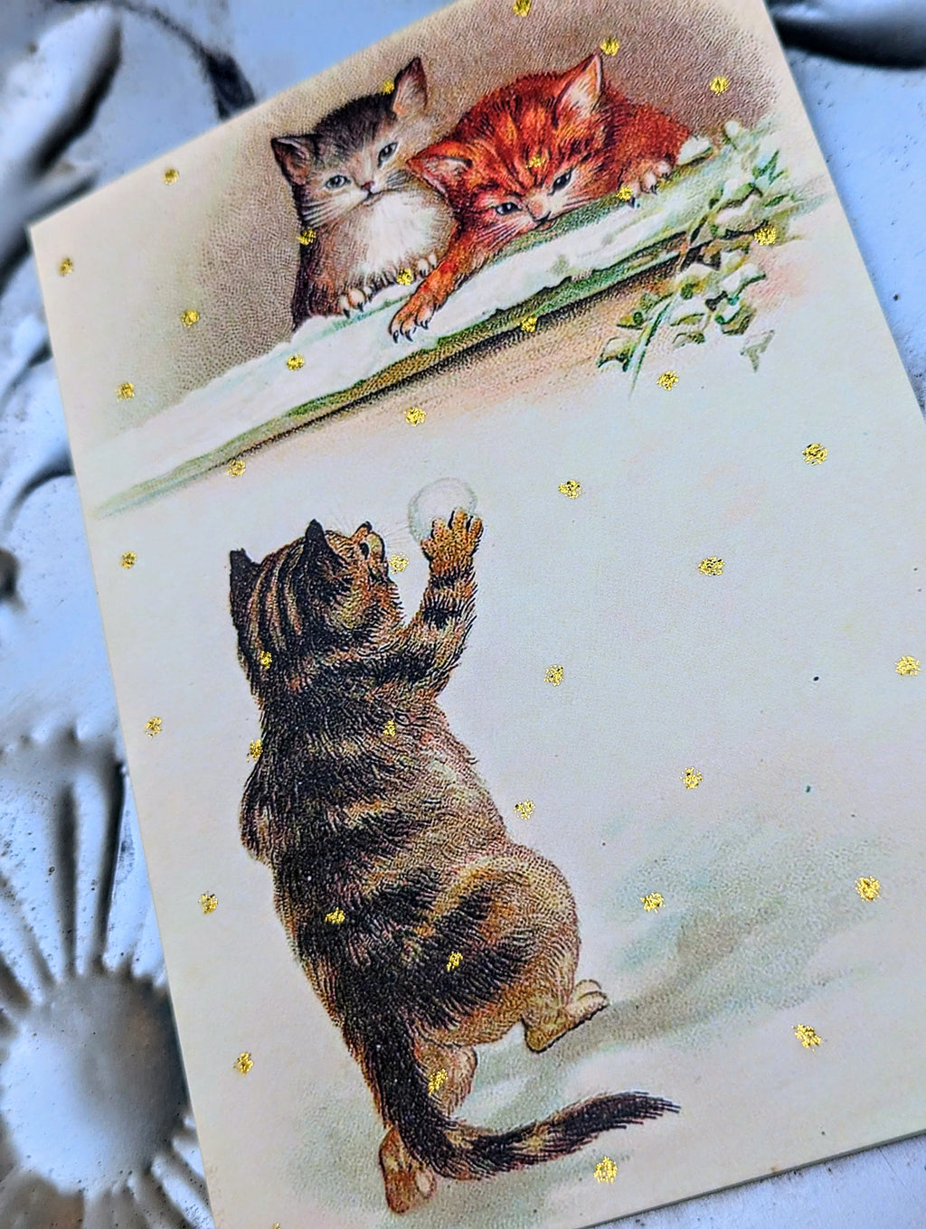 Glittered kittens throwing snowballs, luxe beautiful Xmas joy in the post!!!

Sold singly

 

 Vintage Christmas cards 
Madame treacle 
Kitten cards