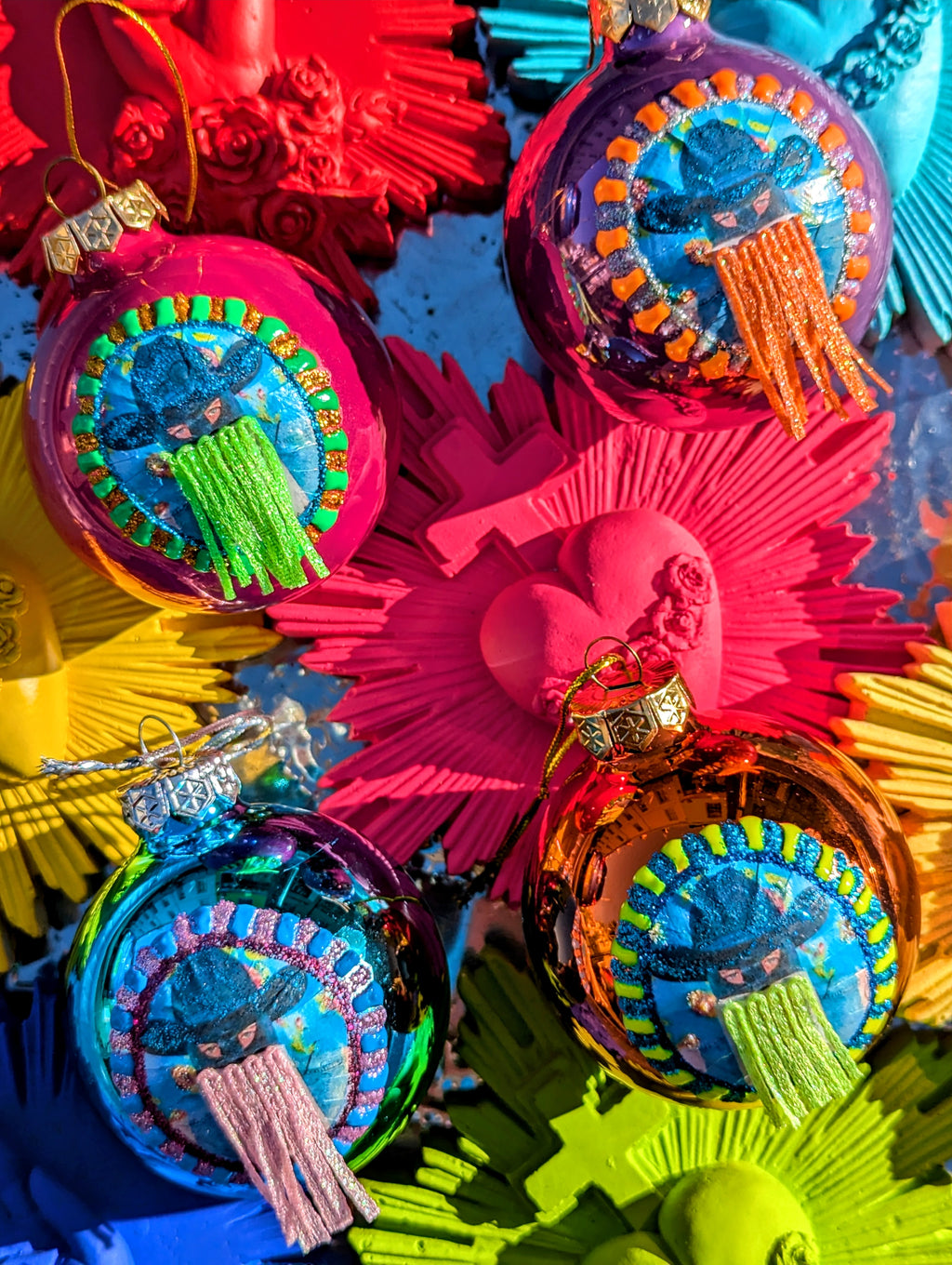 Lovingly festooned Orville Peck just for our much adoring (as are we) customers!!!

Beautifully better than ever, super spangling glass baubles adorned in a whole lota glitter and of course the tassle,,, what's not to love!!!

All handmade by us so may vary. 

8cm approx
Christmas bauble
Cowboy
Queer Christmas 
