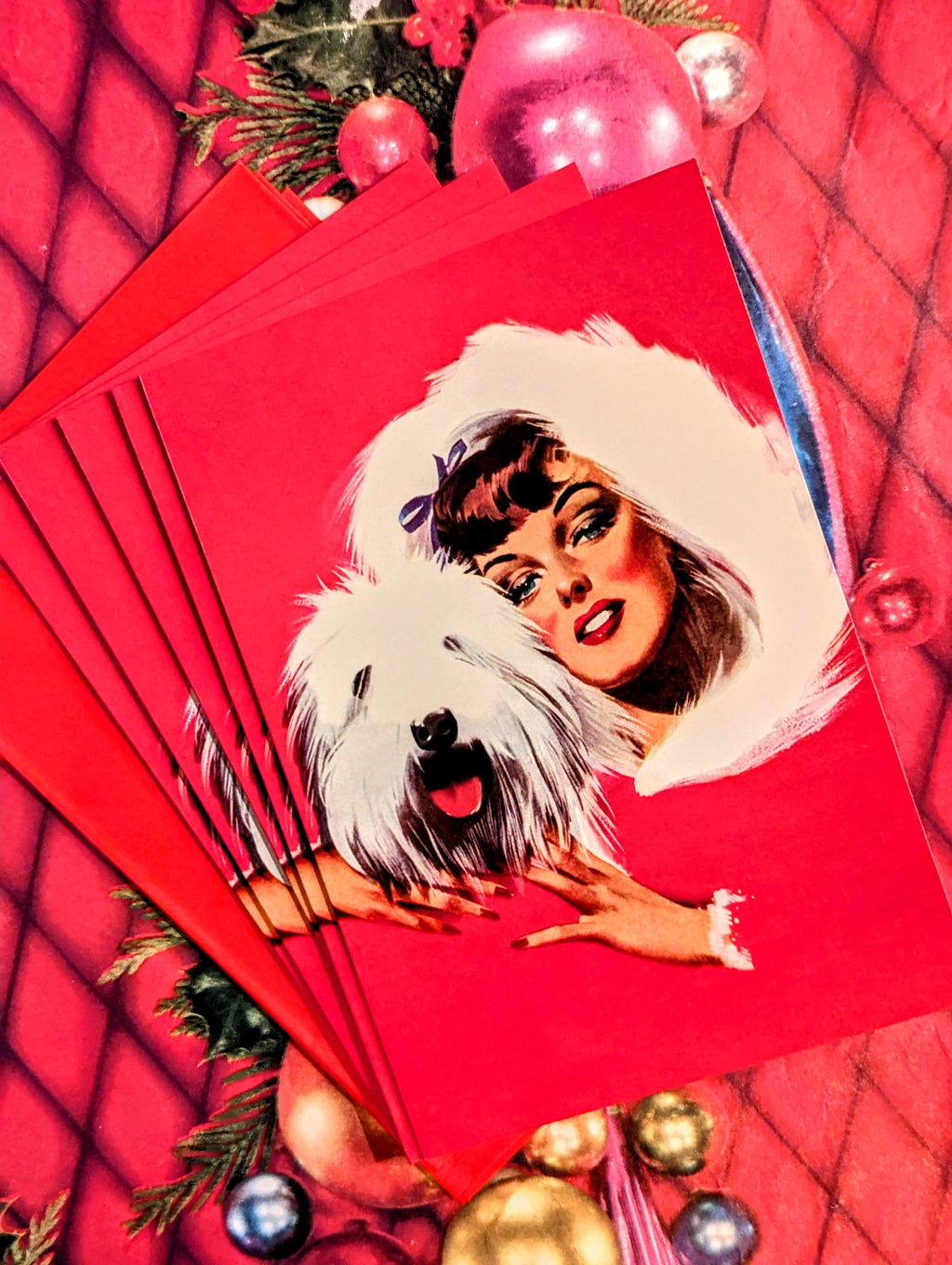 Oh yeah, she is a very happy woman right there!!....great outfit, great dog!!

Pack of five vintage fashion illustration Christmas cards

Blank inside, all have red envelopes.

17.5 x 12cm
