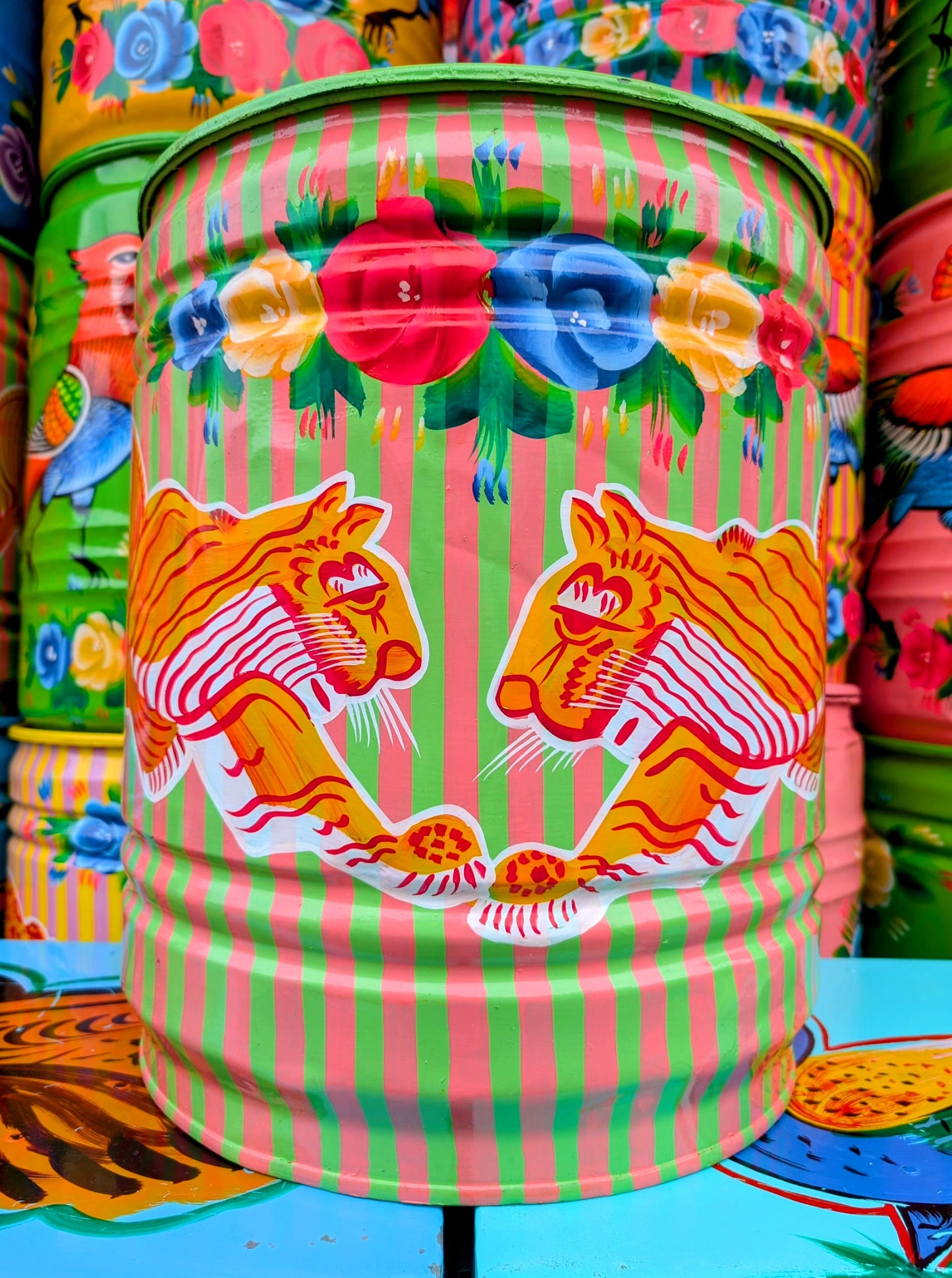 Large recycled truck art barrels