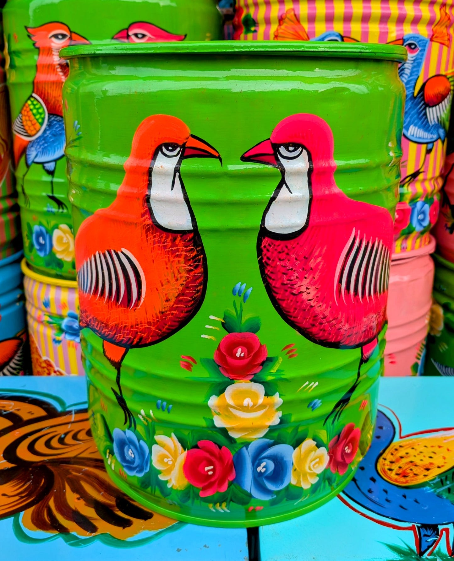 Large recycled truck art barrels