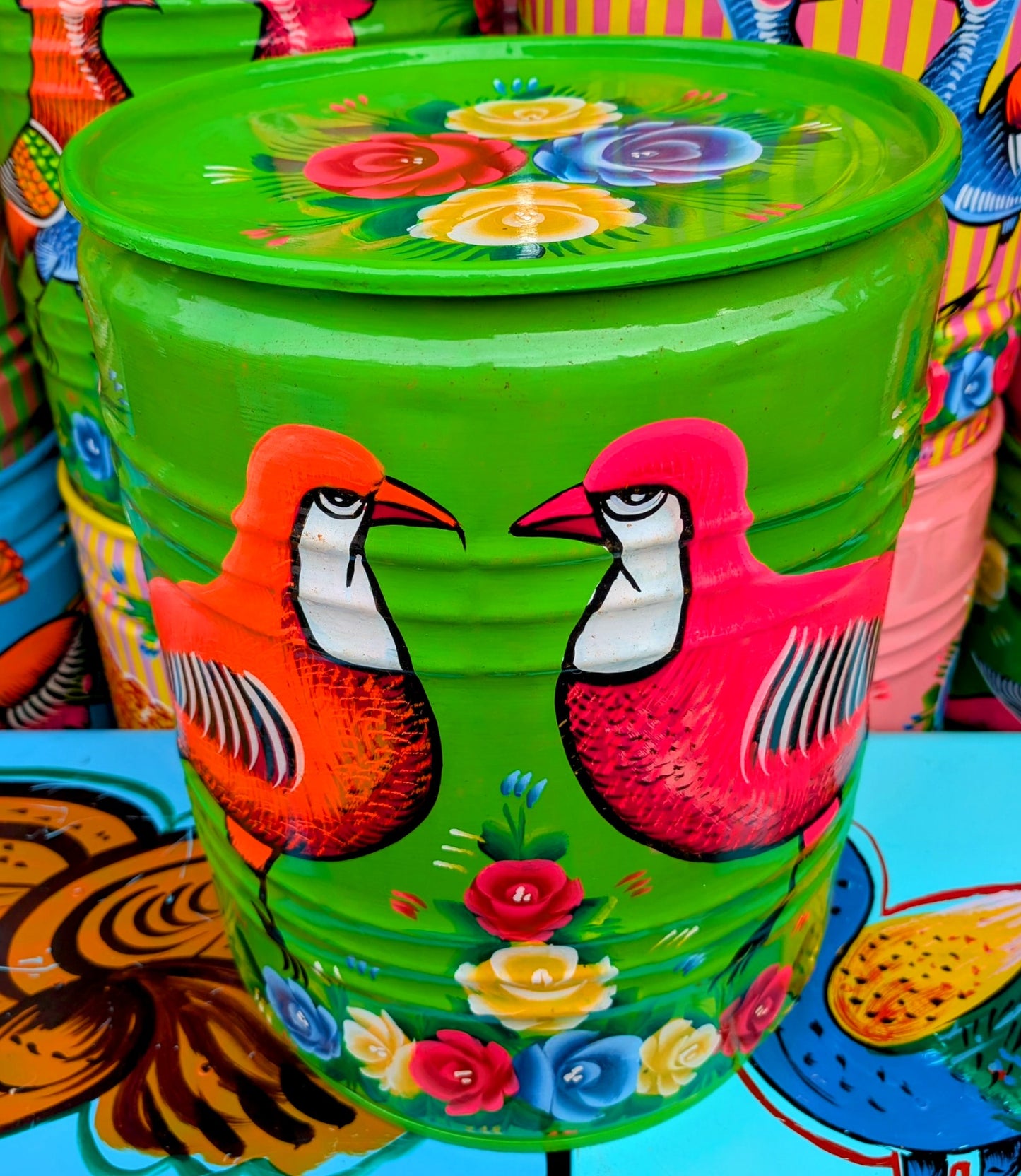 Large recycled truck art barrels