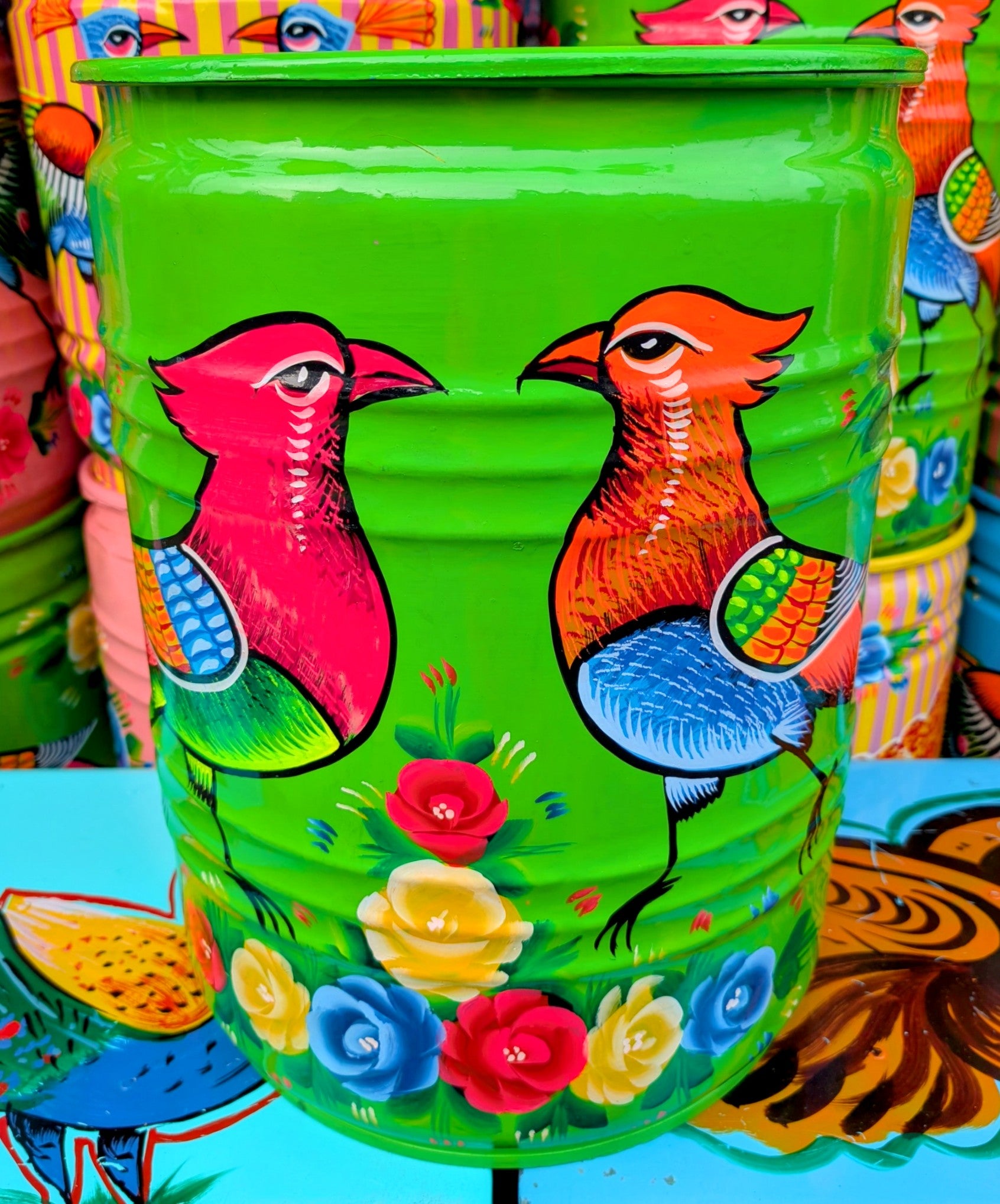 Large recycled truck art barrels