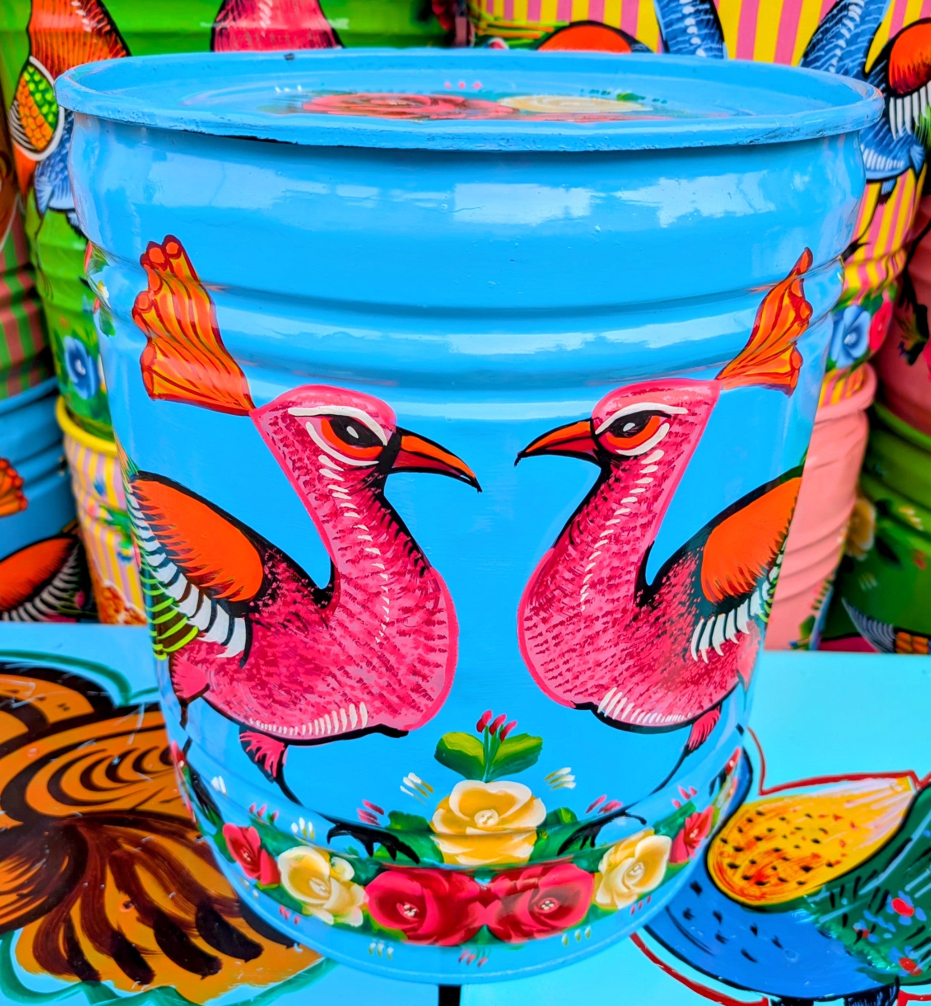 Large recycled truck art barrels