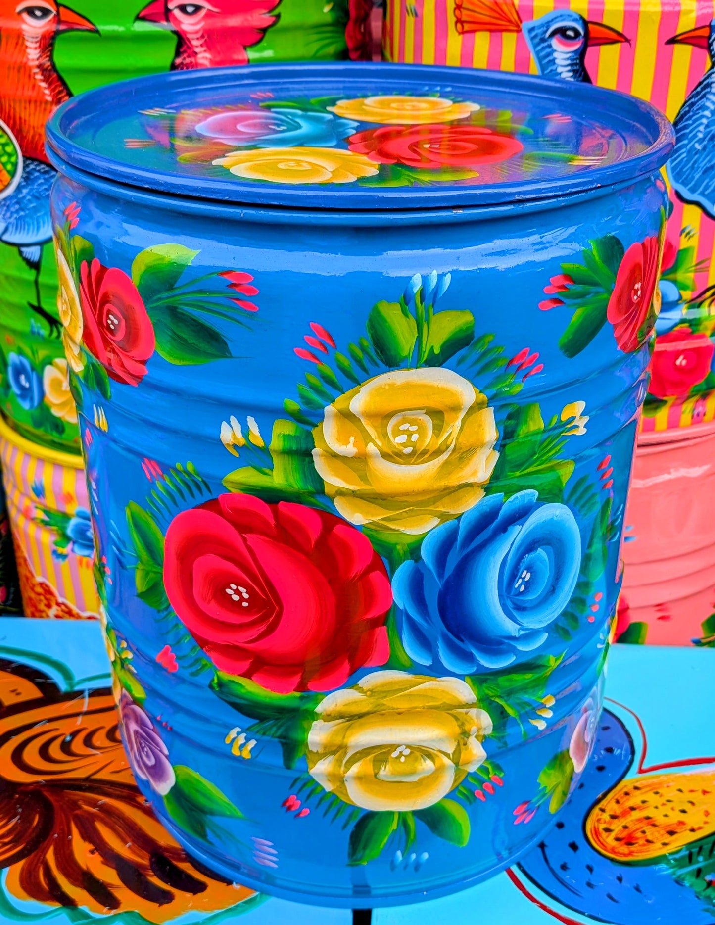 Large recycled truck art barrels
