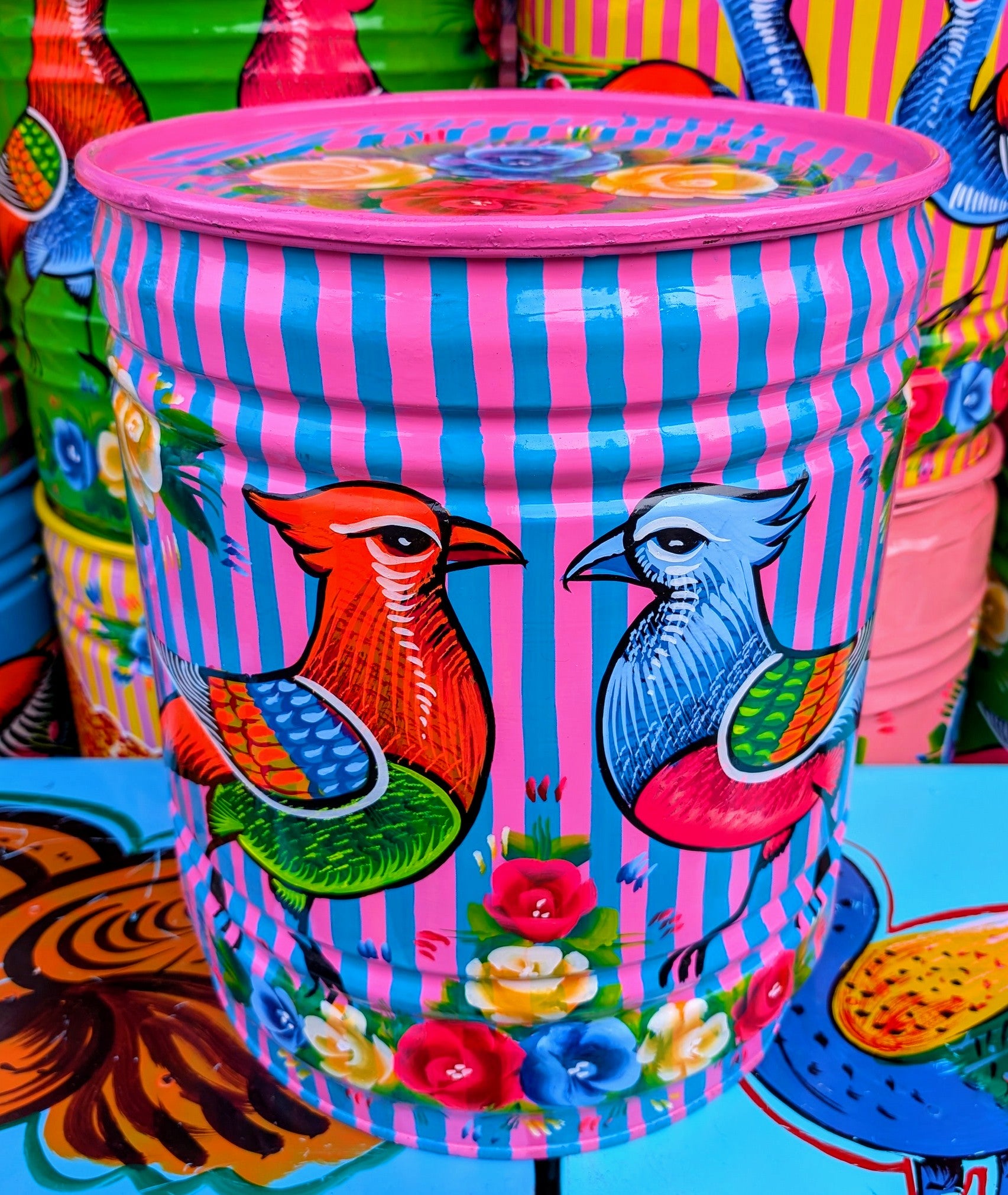 Large recycled truck art barrels
