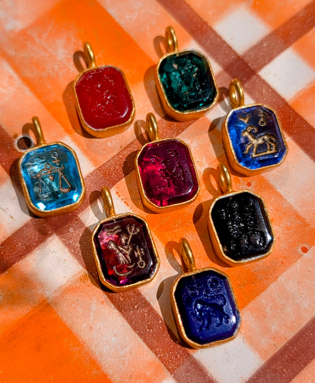 Glass intaglio zodiac pendants- gold