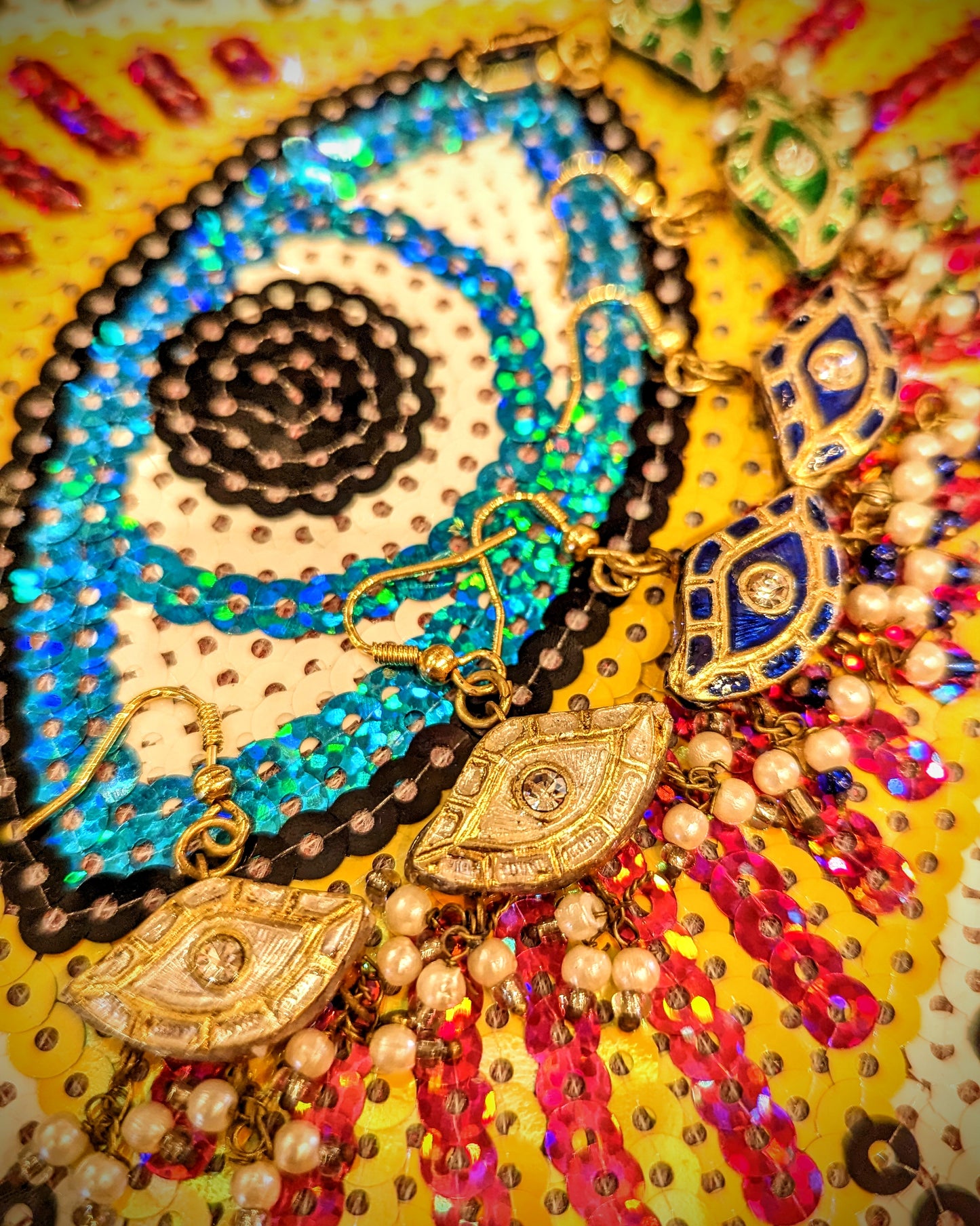 Enamel Eye and seed pearl earrings