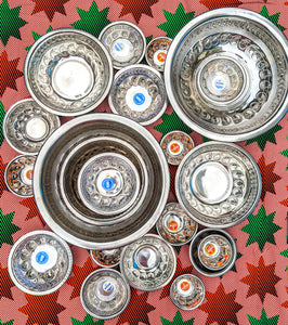 Stainless steel bowls, hand stamped with various designs, perfect to create the most authentic Indian feast, or for bits and bobs around the house!

Not suitable for microwave use, but they are dishwasher friendly!

Due to the hand stamped technique used in producing these pieces, imperfections are possible. 

