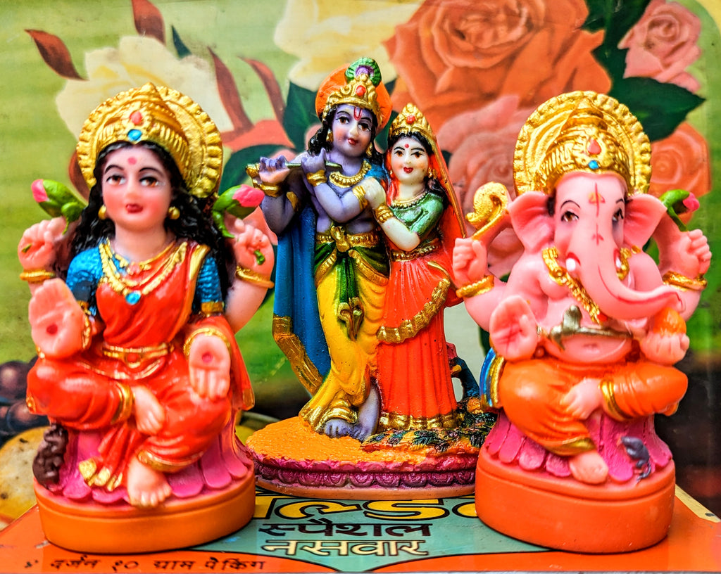 The most neon super kitsch hindu statues,, used in home shrines, India doing what it does best!!!!

Each god is made of resin and beautifully  hand painted

Ganesh 9 X 5 cm

Laxmi 9 X 5 cm

Radha and Krishna 10 X 7 cm

