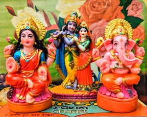The most neon super kitsch hindu statues,, used in home shrines, India doing what it does best!!!!

Each god is made of resin and beautifully  hand painted

Ganesh 9 X 5 cm

Laxmi 9 X 5 cm

Radha and Krishna 10 X 7 cm

