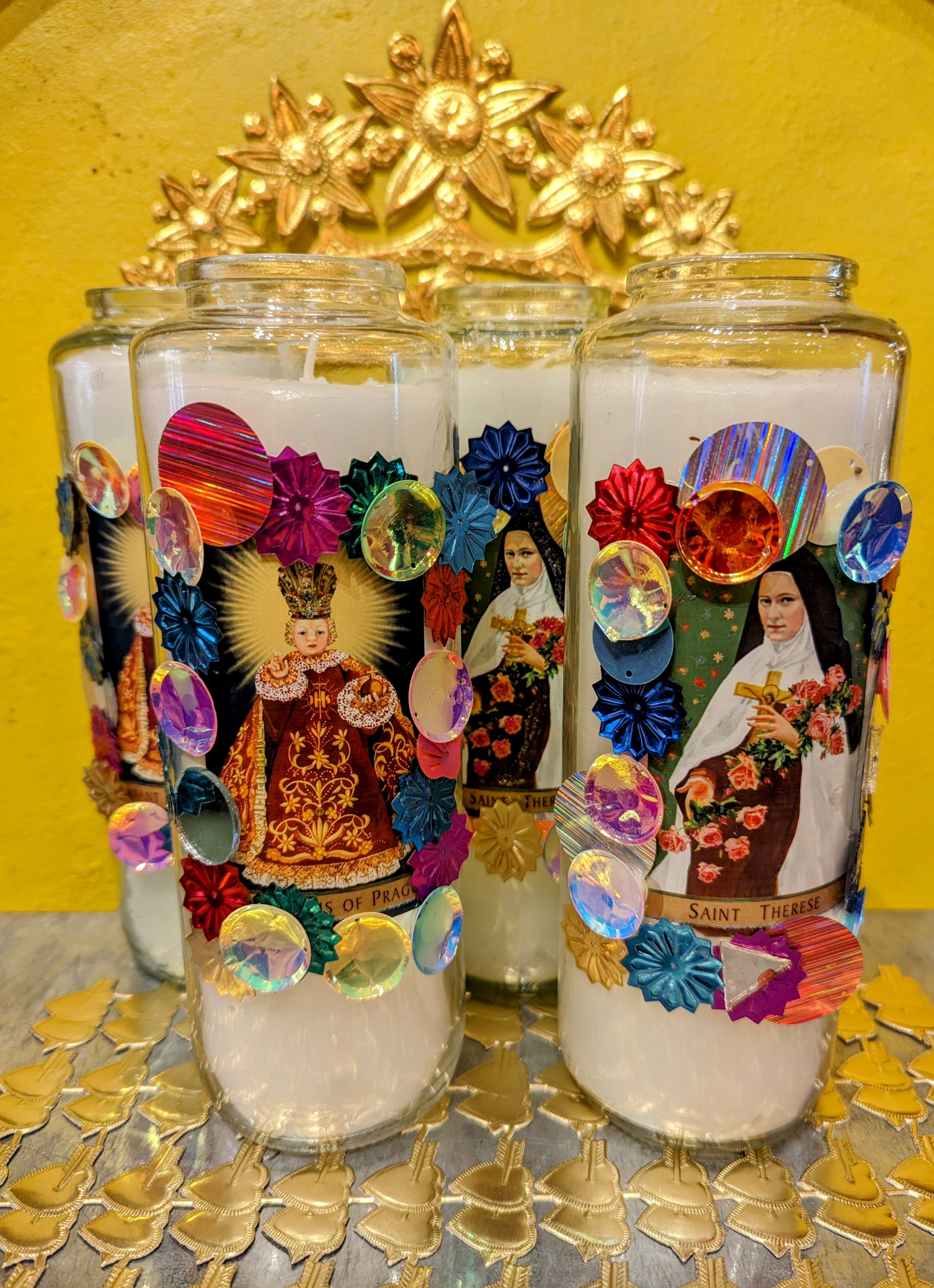 Sacred sequinned candle jars
