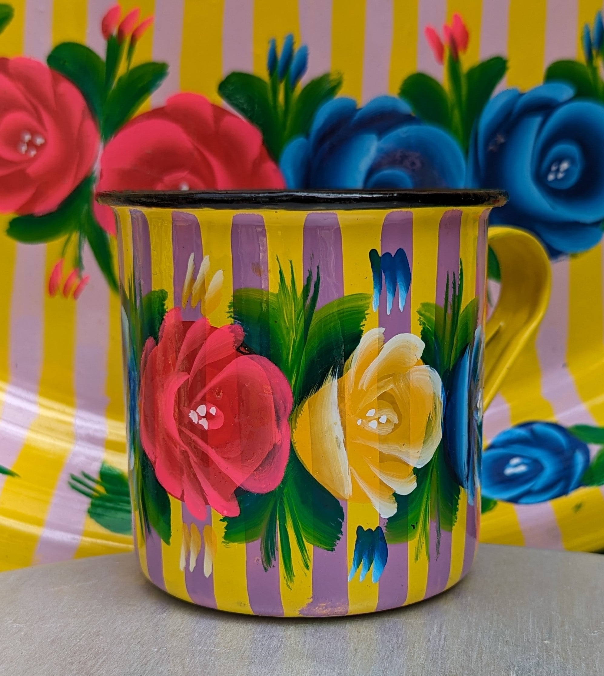 Painted truck art enamel mugs - yellow stripes