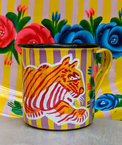 Painted truck art enamel mugs - yellow stripes