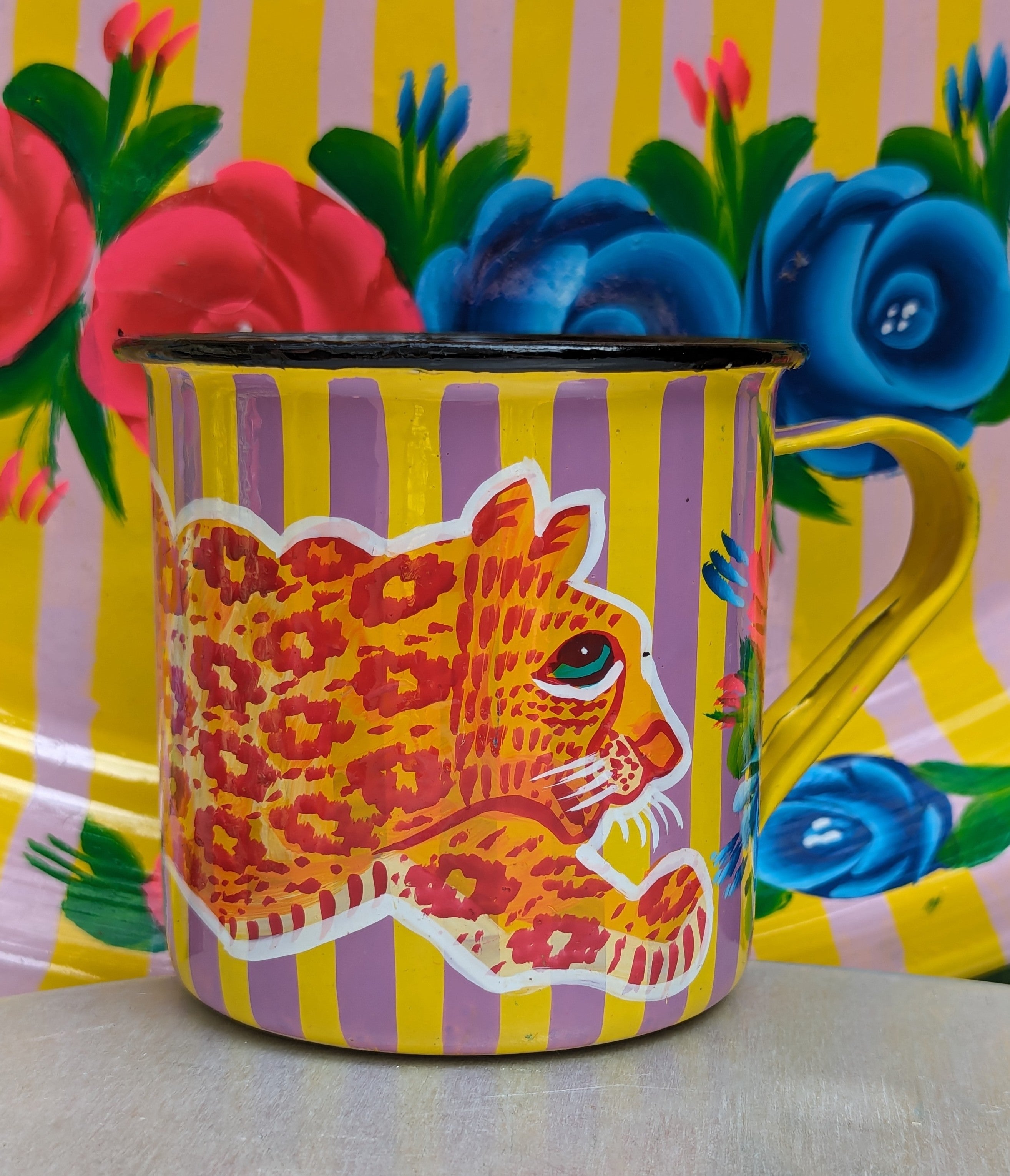 Painted truck art enamel mugs - yellow stripes