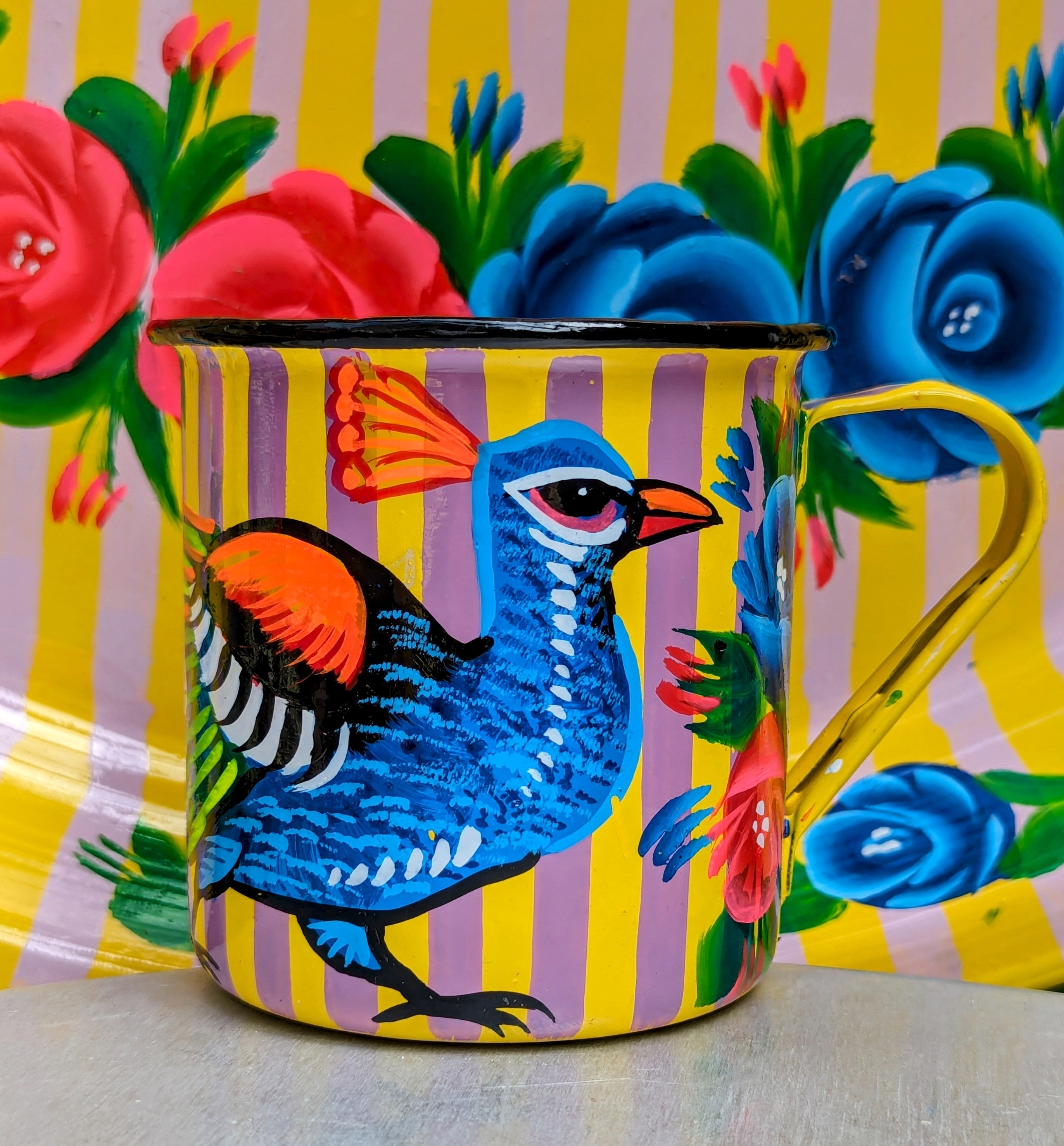 Painted truck art enamel mugs - yellow stripes