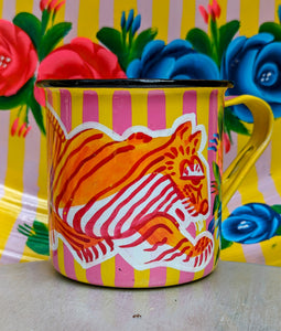 Painted truck art enamel mugs - yellow stripes