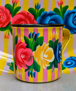 Painted truck art enamel mugs - yellow stripes