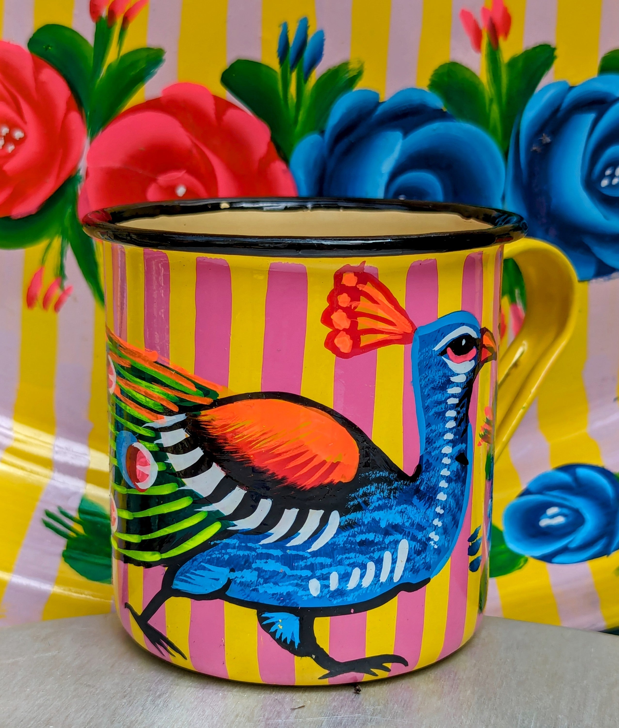 Painted truck art enamel mugs - yellow stripes