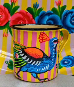 Painted truck art enamel mugs - yellow stripes