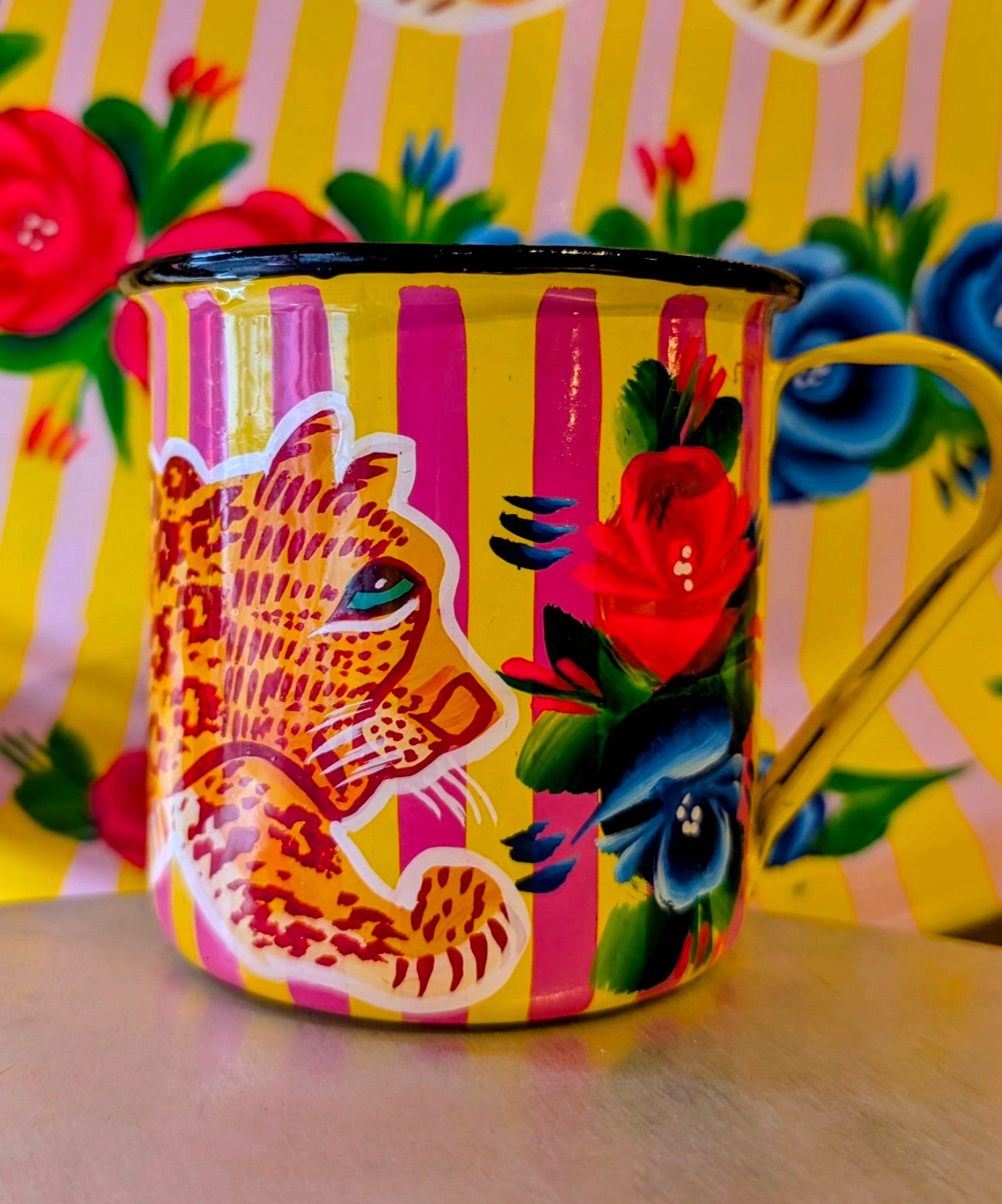 Painted truck art enamel mugs - yellow stripes