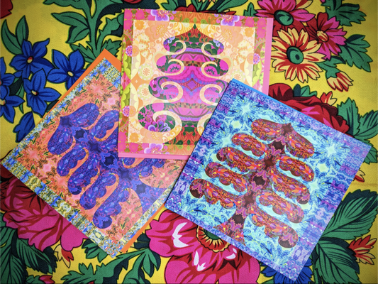 Beautiful bright festive trees , folksy patterns inspired by world textiles by local artist Jane Tattersfield. 

Sold as a set of 3

Christmas cards