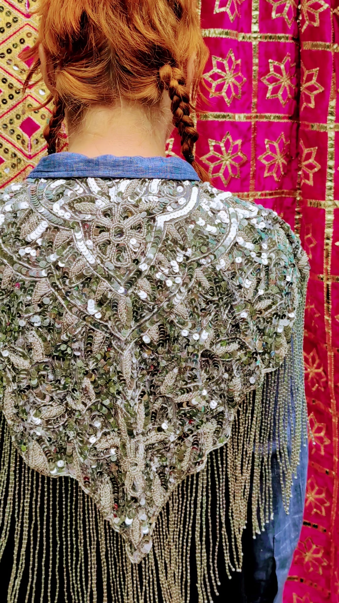 Encrusted gold or silver sequin cape