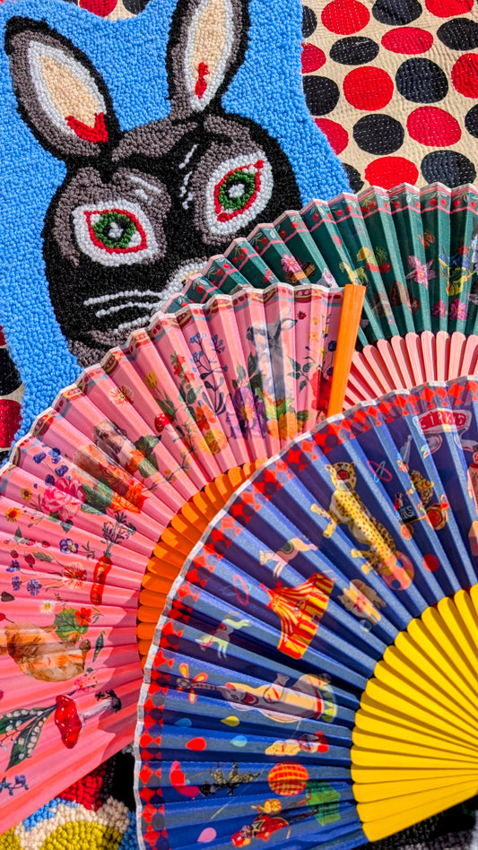 Nathalie lete designed traditional bamboo and fabric Japanese sensu fan.

So hard to choose!!....are you circus, cats or bunnies???

All are really delicious!! And the colours of the natural bamboo frame are 🩷🩷🩷🧡🧡🧡💛💛💛!!!

 

 

 

 