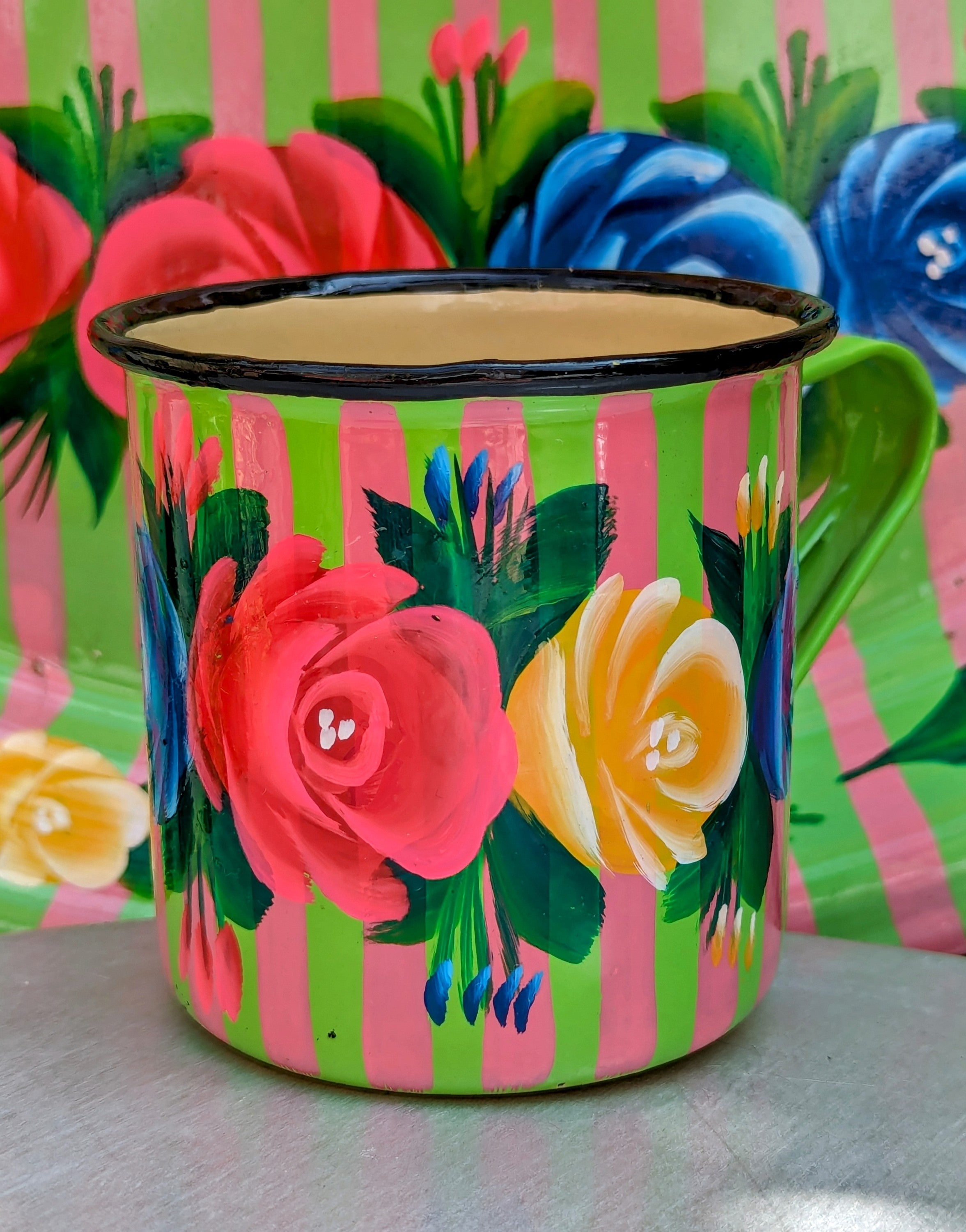 Painted truck art enamel mugs - pink stripes