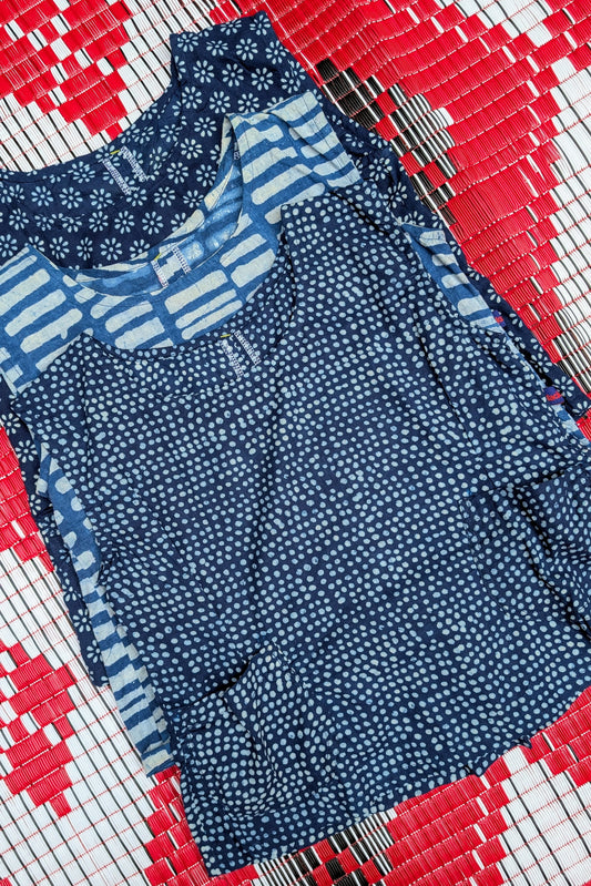 Gorgeous soft fine cotton cool summer tops , hand resist-dyed in  natural indigo using block prints, the fabric is handmade in India, then it is taken and.made in Thailand working with the same family of seamstresses for 25 years. Patterns and sampling made here in the UK by our founder Anna Moody.

Measurements

Size 1-  34"bust, length drop from shoulder 19" (UK 10-12)

Size 2- 38" bust, length, drop from shoulder 20" (UK 12-14)

Size 3- 40" bust, length, drop from shoulder 21" (UK 14-16)

 