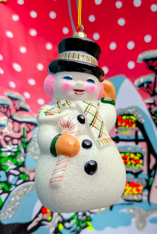 The most gorgeous cute snowman bauble, based on vintage American Christmas ornaments 💖

Hand made, painted and glittered for pure joy!!

Size 12.5cm x 6cm x 5.5cm

Glass.
Cody Foster & Co 