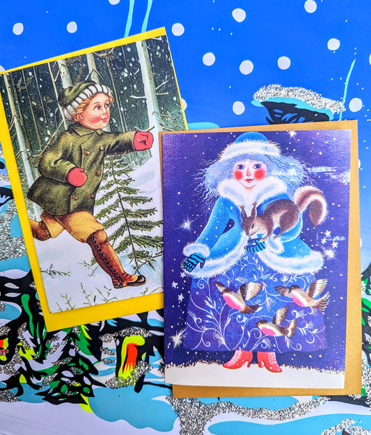 We love a vintage Christmas design and these gorgeous German and Russian vintage illustrations are the best!!

We think these fabulous cards look great framed up too.

Sold as a set of 2

Dimensions 15 x 10.5 cm
Bazartherapy
