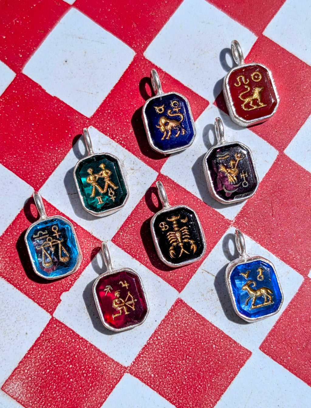 Glass intaglio zodiac pendants- silver