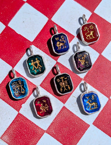 Glass intaglio zodiac pendants- silver