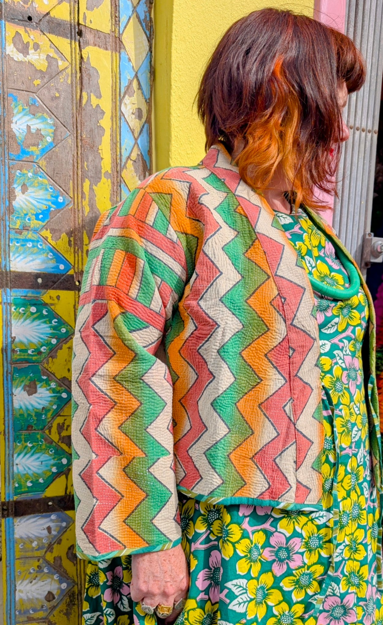 Graphic crop kantha jacket