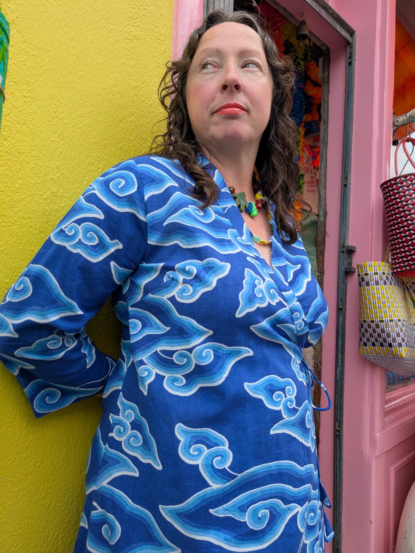 Cloud print wrap dress