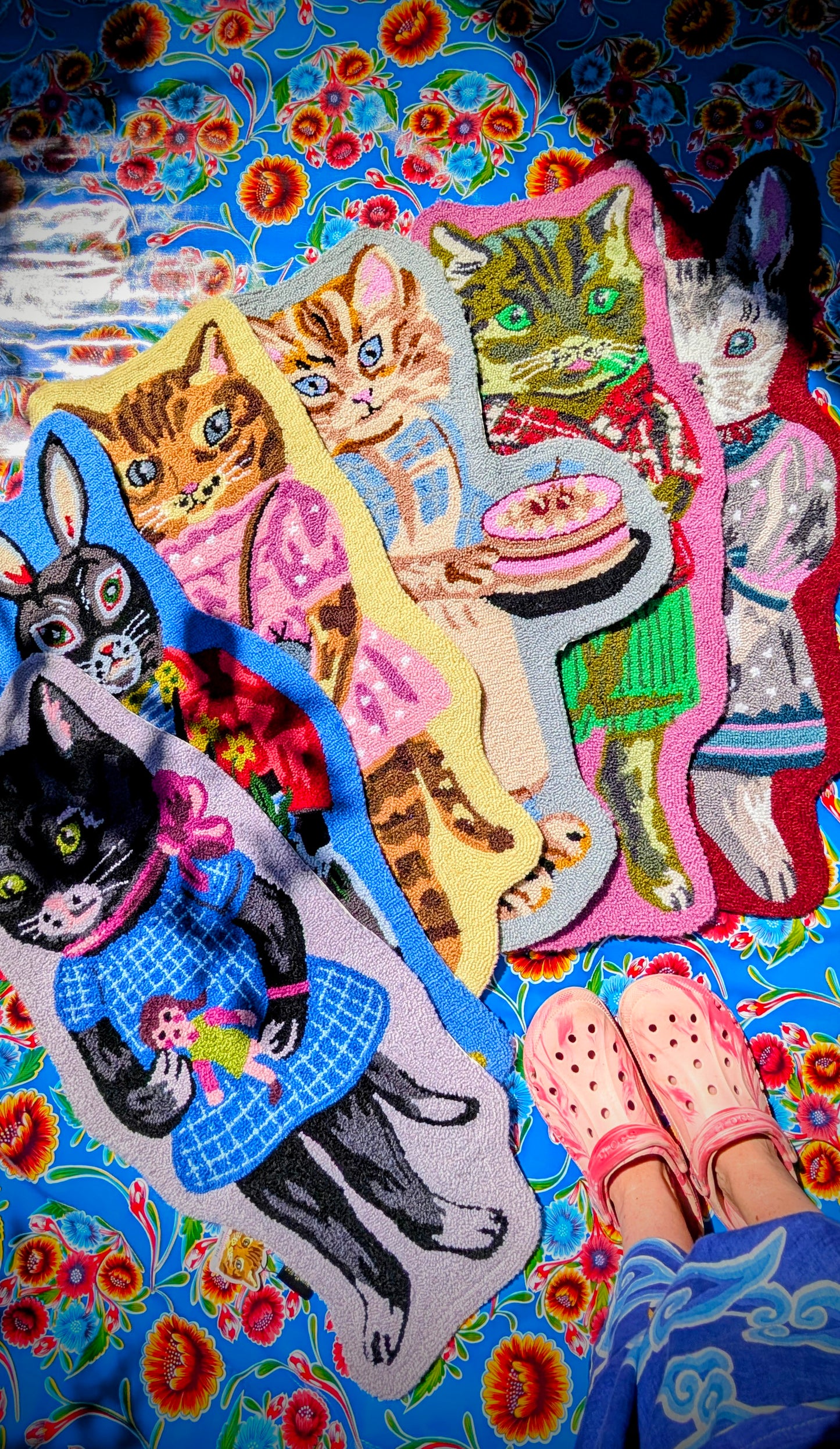 Now how great are these!?!?!

Fabulously dressed up bunny and cat rugs for a bit of comfort and joy by the bed, bath or in the hallway?

All based on the favourite toy paintings of the fabulous Nathalie Lete!!

Approx 37cm X 35cm

Cotton and Polyester tuft, with silicone back, so doesn't slip or ruck on hard or soft floors.

Hand wash.