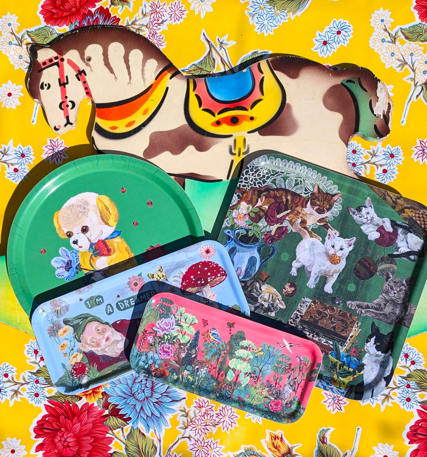 Nathalie Lete's wonderful detailed, fantastical toys, cats and a fairy tale world on a fabulous Swedish birch wood tray for your treasures or treats, more beauty from Nathalie Lete to adorn your home.

Melamine coated birch wood.