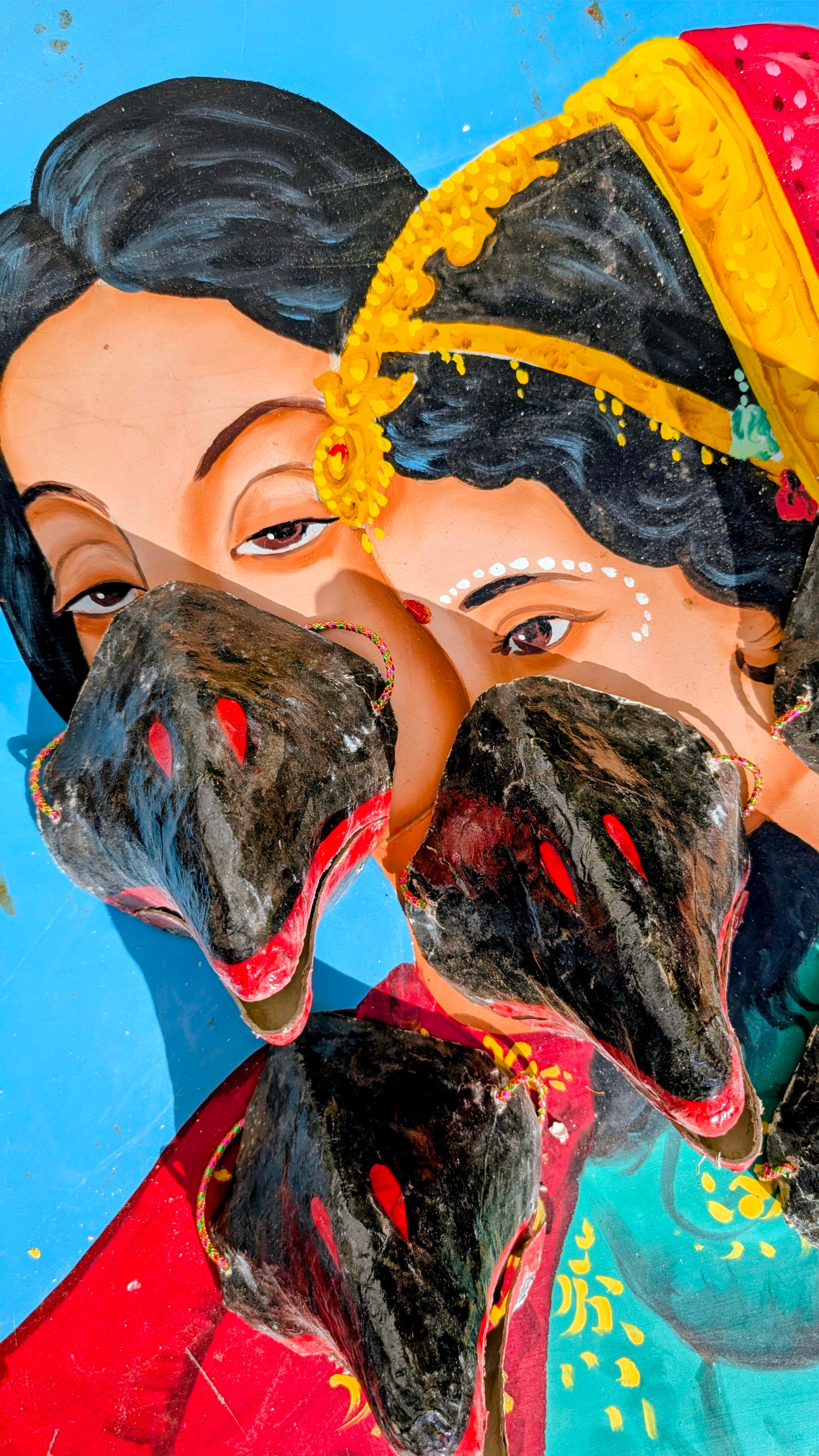 Made by hand from paper mache, these snouts are created for the many hindu festivals in India. A dying art that it sadly being pushed out by the mass produced plastic alternatives coming from China. We always trying to source handmade items and keep these traditions alive, but as most of these aren't made now in Delhi, these are mainly vintage.

These can be worn, all move and open with your mouth ,but are delicate , they look fabulous hung on statues or added to masks too!!

These are genuine folk art piec