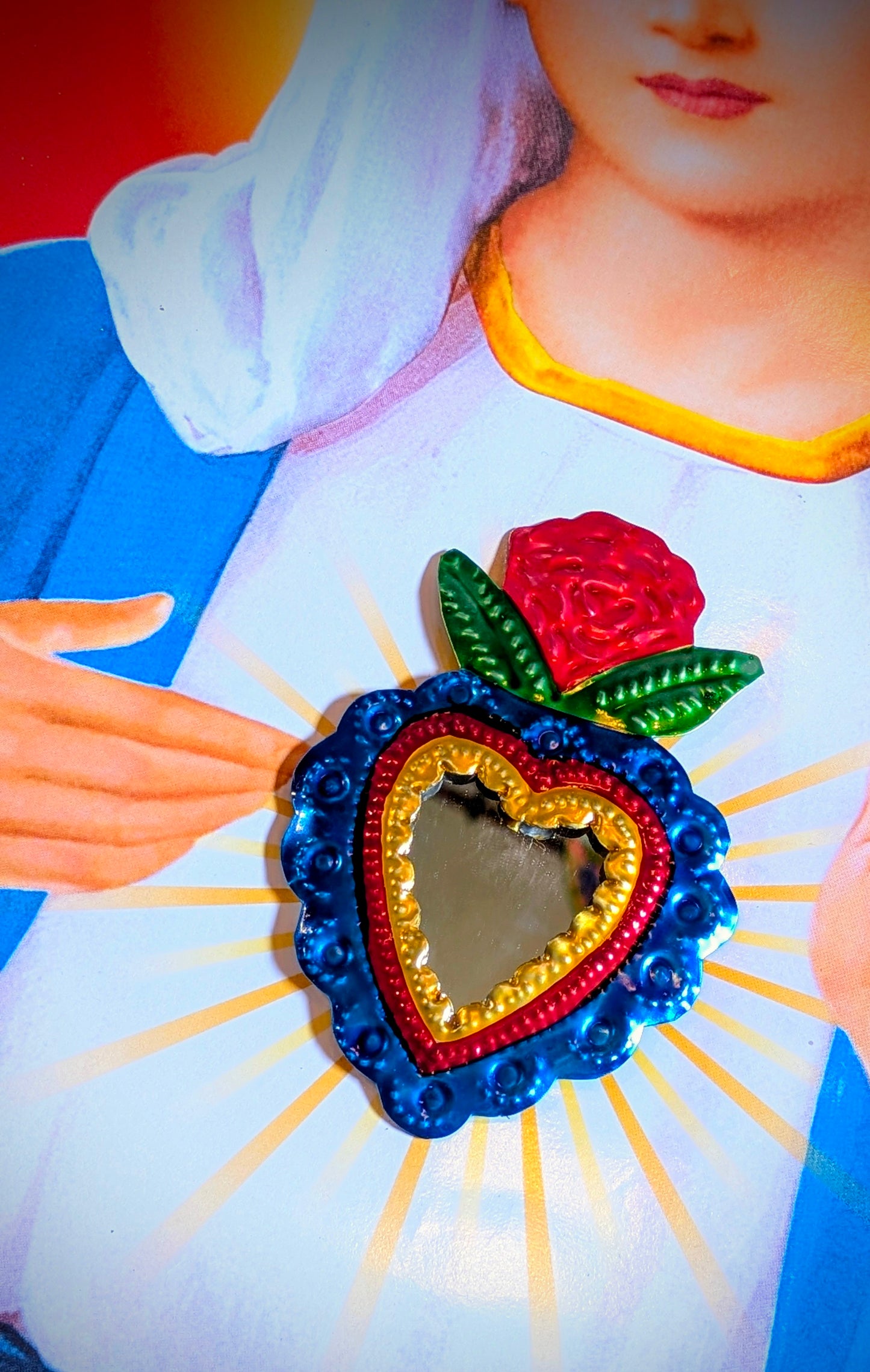 Colourful tin sacred heart mirrors