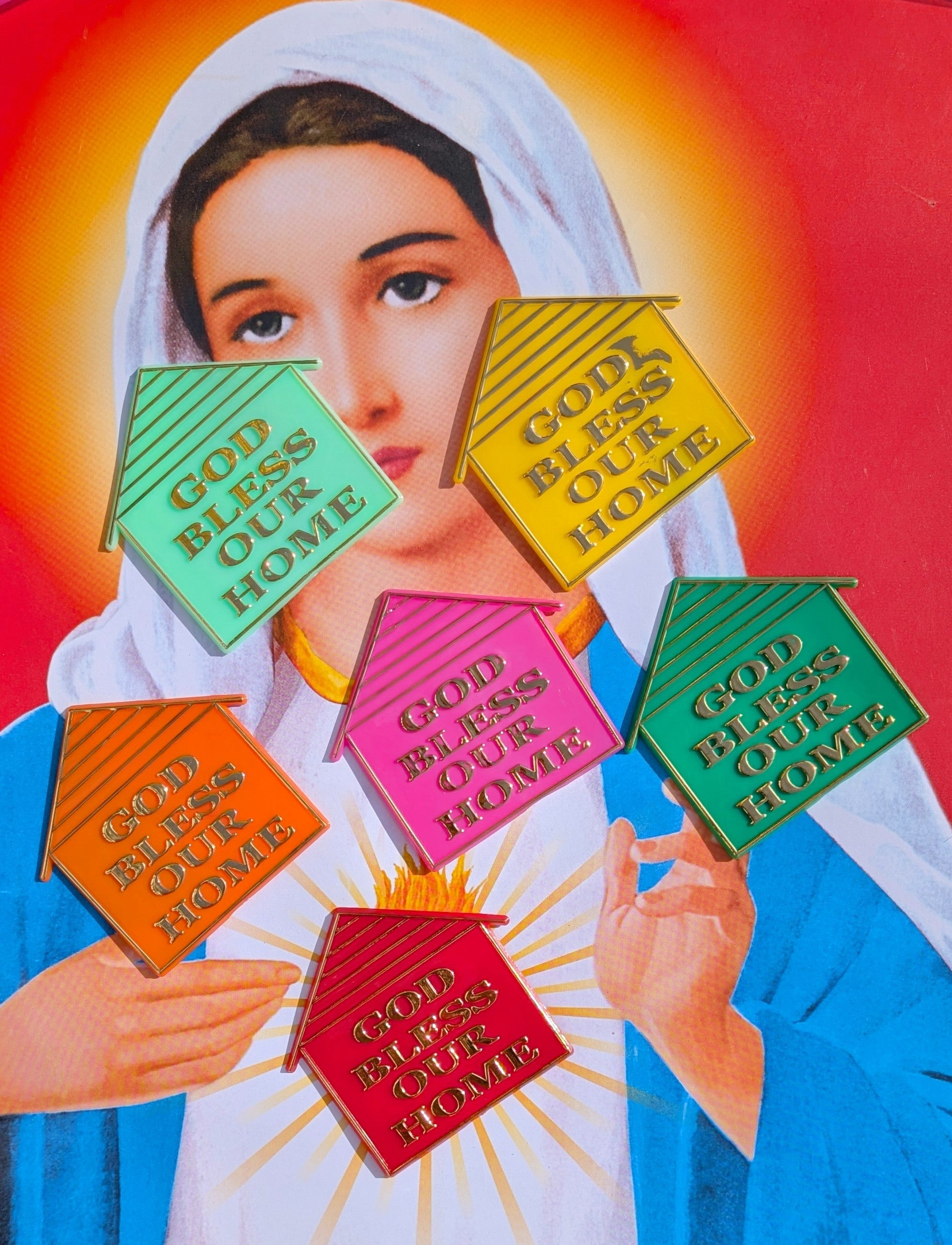 Holy Moly!!

A welcoming message from God in super kitsch bright or glow in the dark Plastique!!

And a great moving home present!

Sticky pads on the reverse

 Religious kitsch 
Bless this house
