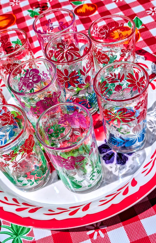 Vintage style kitschy, floral fun on a glass!!

But which to choose for your summer drink on your lounger????

12cm x 6cm x 6cm.

Priced individually, set of 6 will contain two of each design.

Printed glass

Not dishwasher safe.

 
