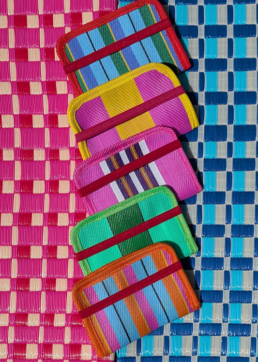 Gorgeous seaside deckchair stripes recycled woven plastic wallets, room for cards, cash and notes, and even your loyalty cards!

Length 14cm

Width 10cm