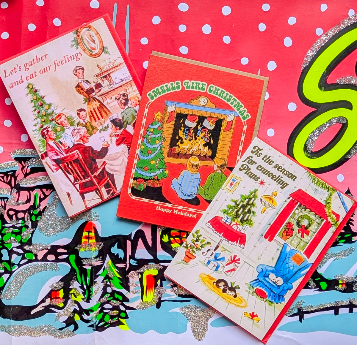  

 Gorgeous mid-century style ironic illustrations, puncturing the myth of the perfect absolutely joyful Christmas!!

Sold singly.

15 x 11cm

With red envelopes.