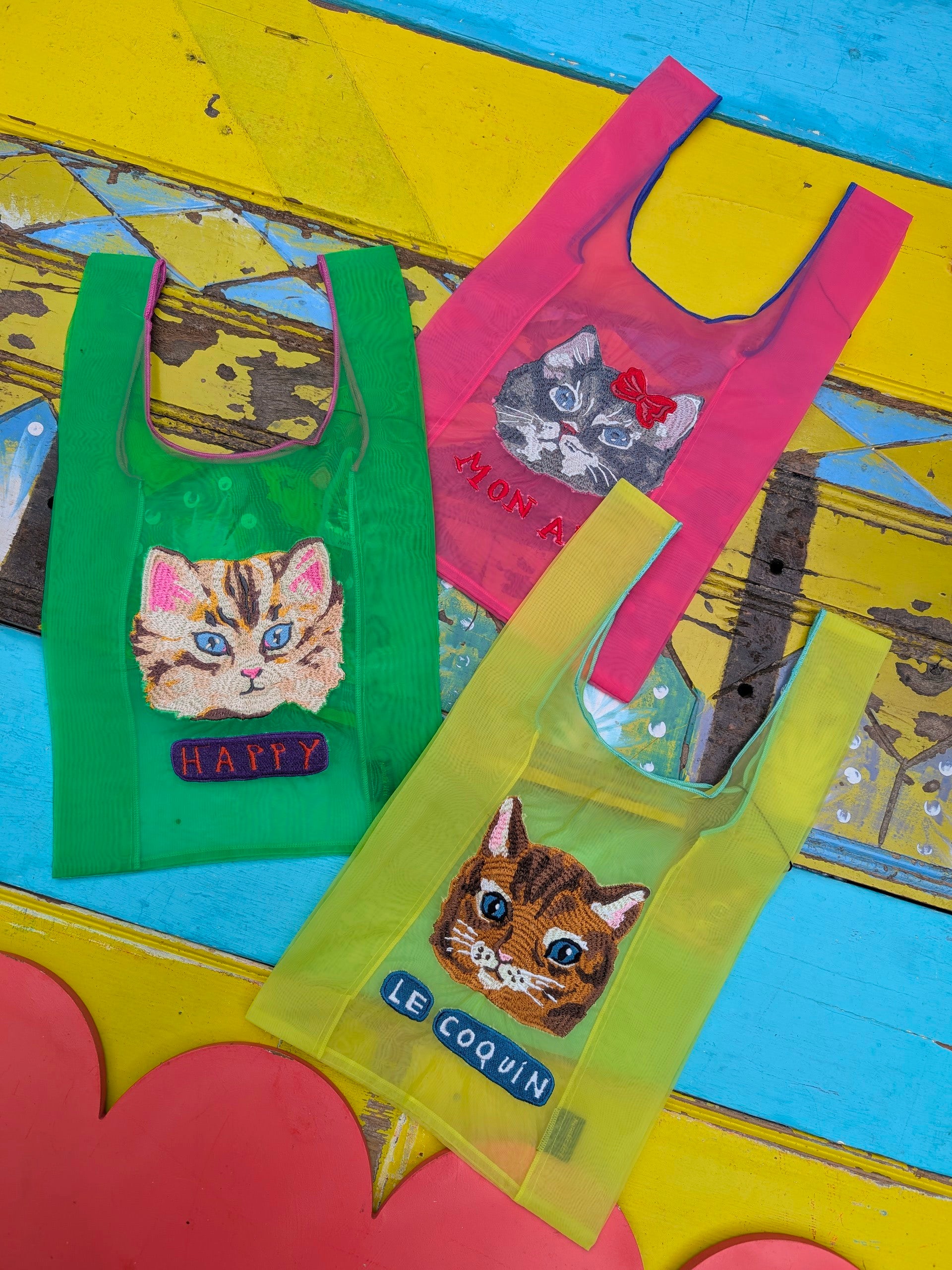 Embroidered kitty organza bags